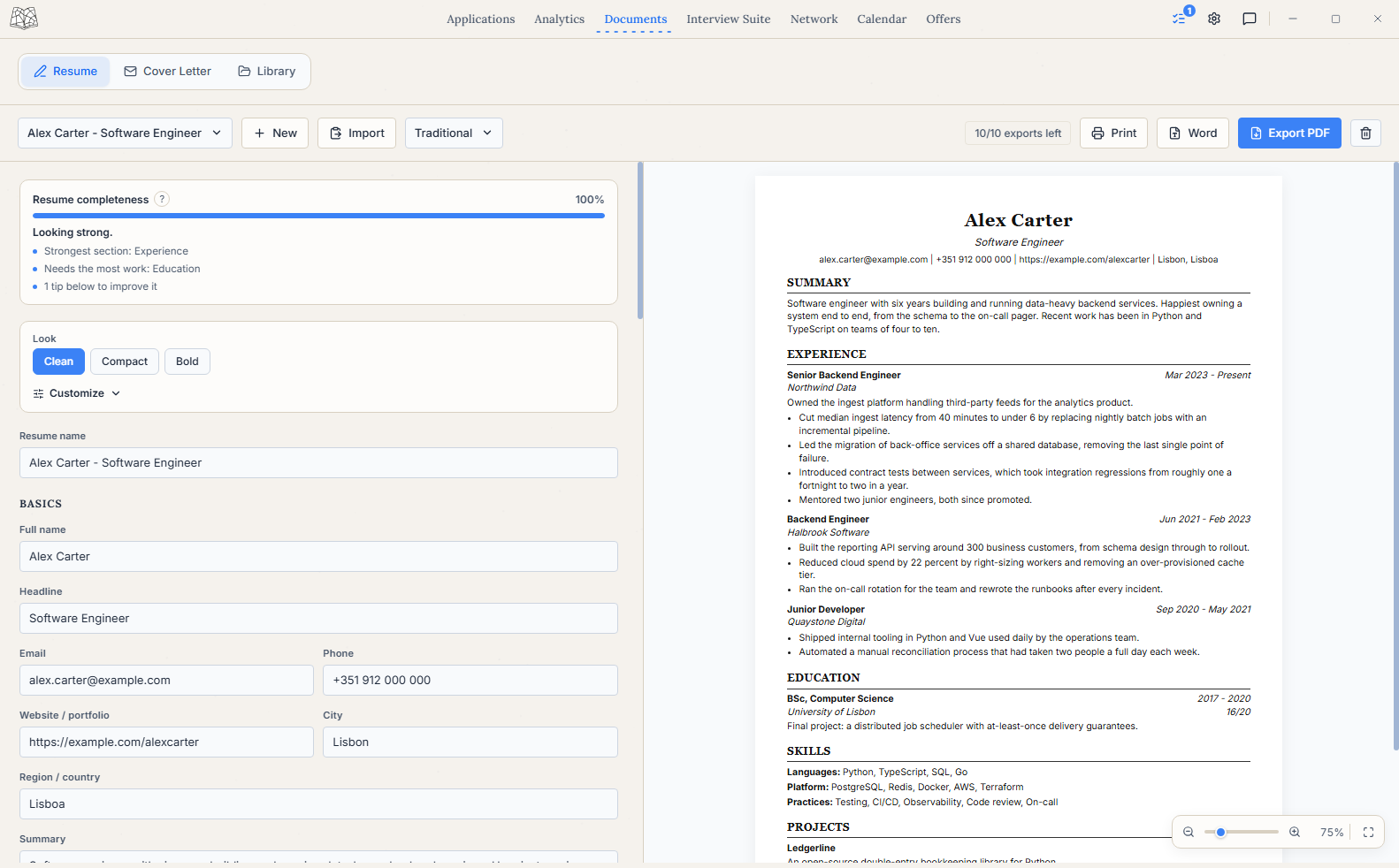 Seisin resume builder: the editor, a live preview and the template picker