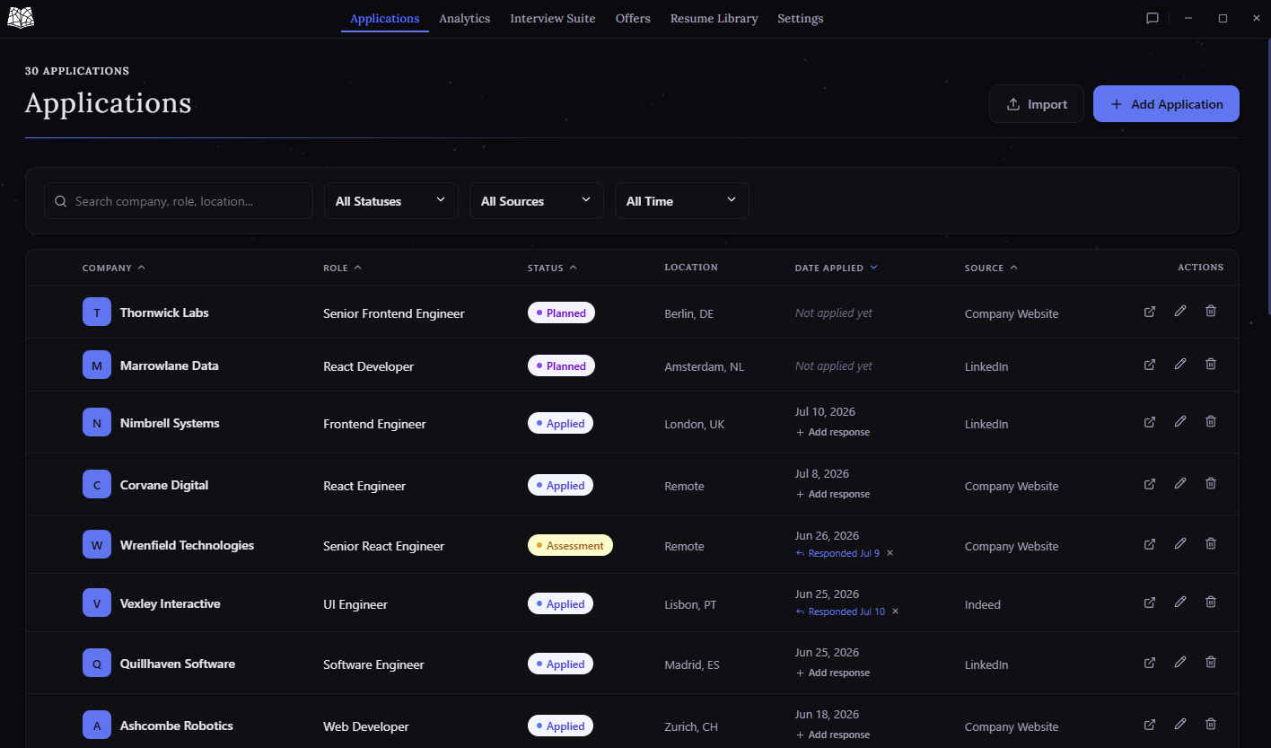 Seisin applications view: every job tracked in one list with status, location, salary, and source